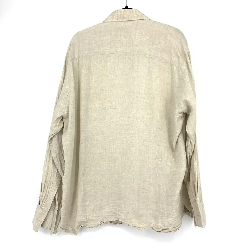 Jon Sonen Pointelle Button Down Shirt Womens Size XL Beige Linen Long Sleeve